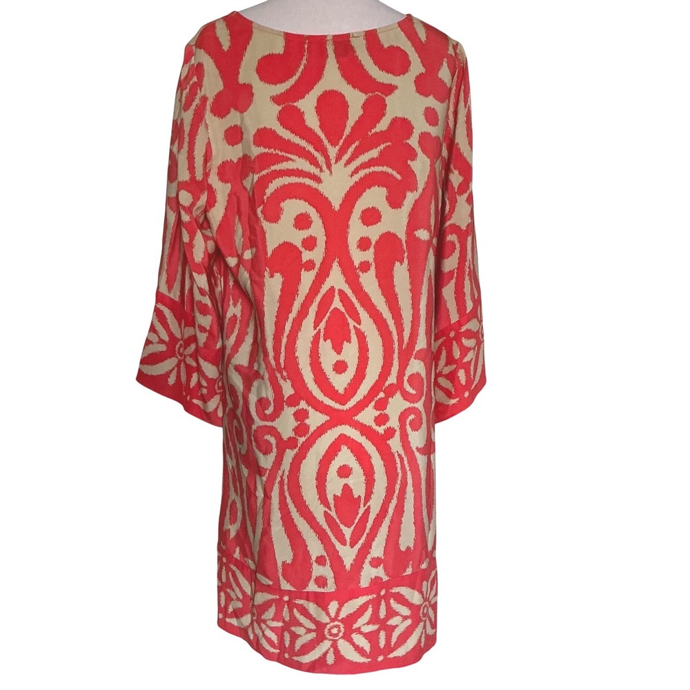 Alice & Trixie Silk Tunic Dress Medium Coral Orange Bell Sleeve Ikat Cover Up - Picture 11 of 15